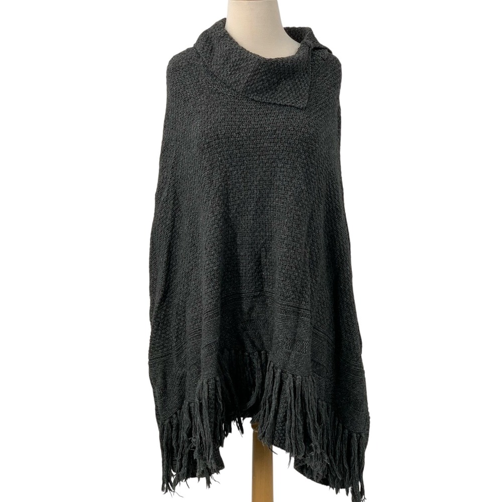 Coldwater Creek Charcoal Gray Knit Poncho Shawl Fringe Cowl Neck One Size